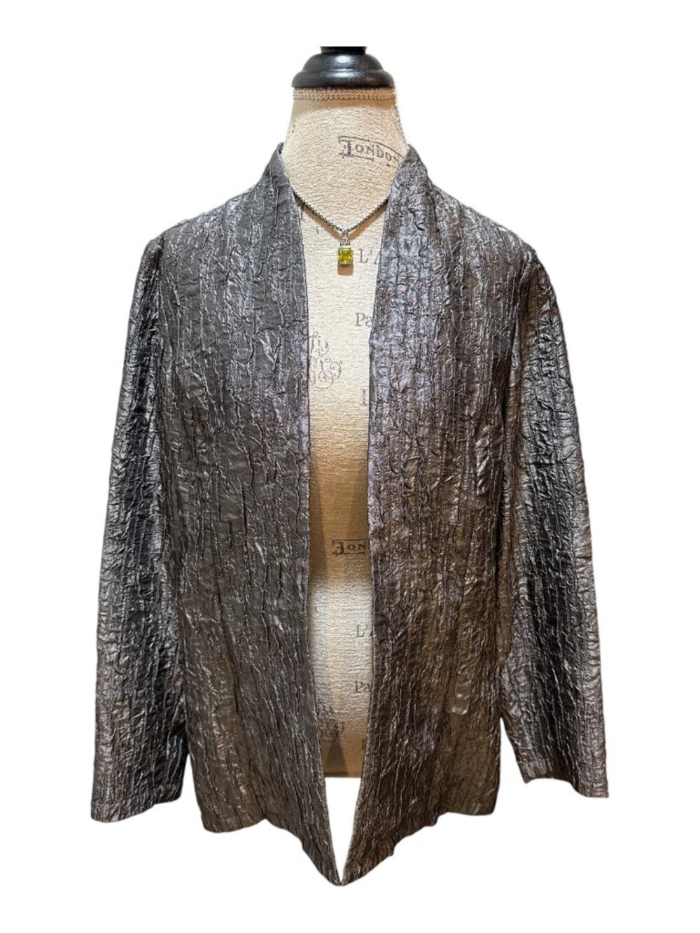 Coldwater Creek Sz S Gray Metallic Crinkle Collarless Open Blazer Jacket Topper